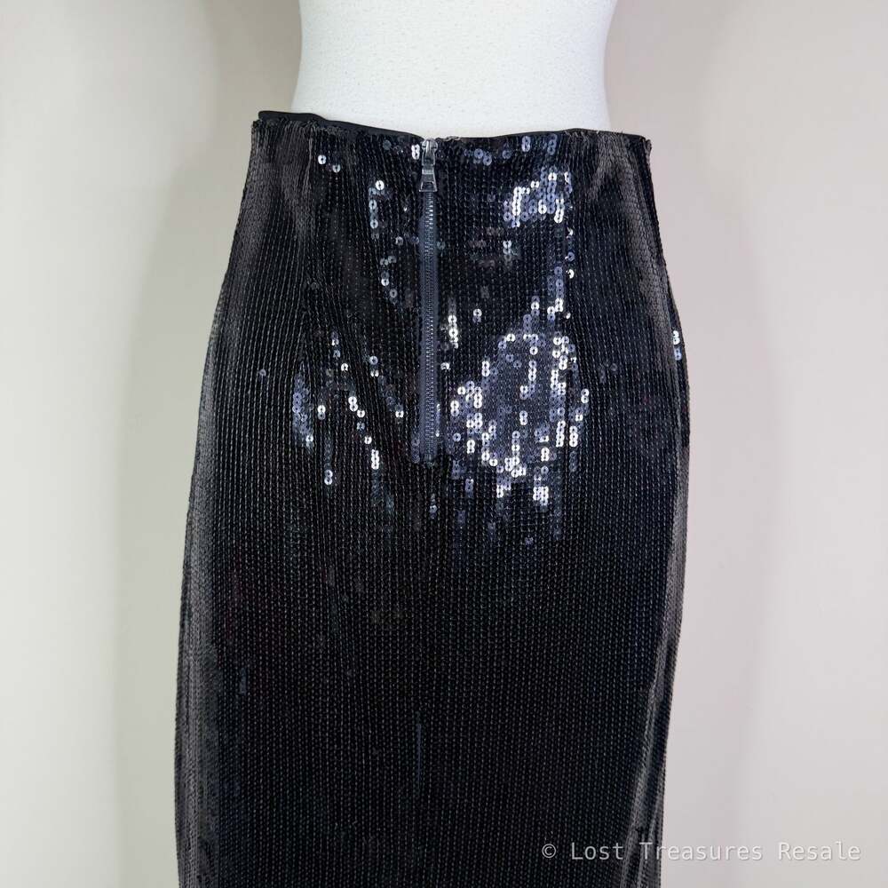 Muse | Black Sequin Fringe Pencil Midi Skirt Party Cocktail Glam Rocker US 4 - Picture 6 of 8